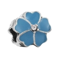 Five-petal flower charm in silver alloy with light blue enamel and center diamond accent - Blue Enamel Petal Style (044)