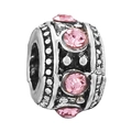 Silver charm bead featuring a central pink gemstone and embossed textured details - Dotted Relief Pink Diamond Style (038)