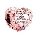 Rose gold heart charm with flower details and MUM LOVE YOU ALWAYS engraving - Rose Gold Purple Enamel Mum Heart Charm (037)