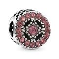Pink zircon encrusted round alloy charm with hollow mesh silver-toned finish - Concentric Radiating Pink Diamond Style (043)