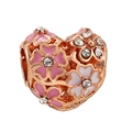 Rose gold heart charm with pink floral enamel and small crystals for DIY bracelets - Rose Gold Enamel Flower Zirconia Heart Charm (043)