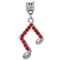 Silver musical note charm bead with red crystals for DIY jewelry bracelets - Double Note Pendant