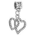 Charm pendentif cœurs entrelacés argentés avec cristaux pavés pour bracelets DIY - Charme Double Cœur Entrelacé Strass (037)