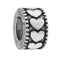 Silver hollow cylindrical charm with embossed heart patterns and beaded edges - Vintage Heart Relief (010)