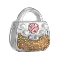 Silver handbag charm with pink crystal and golden glitter inlay for DIY jewelry - Pink Zircon Sequin Handbag Charm (004)