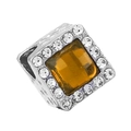 Silver square charm with amber yellow gem and micro-pave crystals in cutout design - Amber Square Zircon Hollow Bead (009)