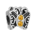 Silver butterfly charm bead with yellow amber gems and vintage oxidized finish - Vintage Butterfly Yellow Gemstone Bead (013)