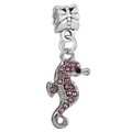 Zilveren zeepaardje bedeltje met roze strass steentjes en een strik voor DIY armbanden - Roze Strass Zeepaardje Hanger (027)