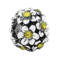 Silver bead charm featuring white daisies with sparkling yellow crystal centers - Daisy Style Yellow Gemstone Bead (019)
