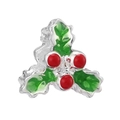 Christmas holly charm with green enamel leaves and red berries in silver setting - Holly Berry Shape (017)
