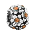 Silver flower charm with white enamel petals and amber rhinestones for bracelets - White Enamel Floral Sphere Bead (020)