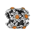 Silver bead charm with orange crystal centers and embossed daisy floral patterns - Orange Gemstone Daisy Relief Bead (021)