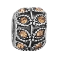 Vintage silver charm bead with amber yellow crystals and detailed leaf engraving - Antique Silver Orange-Yellow Gemstone Bead (026)