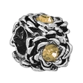 Vintage silver rose charm with intricate petal texture and yellow crystal accents - Vintage Rose Light Yellow Gemstone Bead (029)