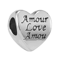Silver heart charm bead with engraved Love and Amour text for DIY bracelets - AMOUR/LOVE Engraved Heart (037)