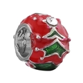 Christmas charm bead with red enamel finish and green Christmas tree pattern detail - Red Ball Christmas Tree (011)
