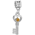 Silver heart key charm with orange gemstone and butterfly bail for DIY bracelets - Orange Gemstone Heart Handle Key Charm (036)