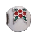 Christmas charm bead with white enamel, red berry motif and green leaves on silver base - White Floral Round Bead (024)