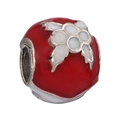 Red enamel cylinder charm with white floral pattern and silver-tone metal core - White Flower on Red Bead (026)