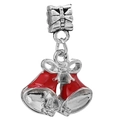 Christmas charm featuring two red enamel bells with a silver bow for DIY bracelets - Double Red Bells Charm (028)