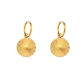 Pendientes de aro dorados de acero inoxidable con colgante textura de sol - Pendientes de Aro con Colgante Circular de Rayas Talladas