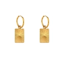 Golden stainless steel hoop earrings featuring sunburst textured rectangular pendants - Carved Stripe Rectangular Pendant Hoop Earrings