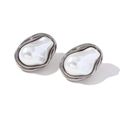 Minimalist irregular pearl stud earrings with silver-tone textured metallic frame - Irregular Baroque Artificial Pearl Textured Earrings (YLN3284-E7809) / Irregular Baroque Faux Pearl Stud Earrings - Steel Color