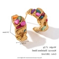 Irregular 18K gold-plated stainless steel C-shape earrings with colorful inlay shells - Moon-shaped Wrinkled Colorful Stone Stud Earrings - Gold