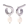Minimalist silver finish irregular geometric earrings with organic curves and faux pearls - Minimalist Line Hook Pearl Pendant Stud Earrings - Steel Color