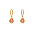 Pendientes de aro dorados con piedra ojo de gato rosa en forma de gota y perlas - Pendientes-Rosa