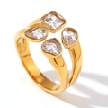 Moderner 18K vergoldeter Doppelring mit quadratischen, birnen- und herzförmigen Zirkonia - US 6 / Doppelschicht Herz Geometrischer Offener Ring / Gold-Weißer Zirkonia