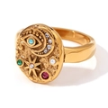 18K gold plated stainless steel ring featuring celestial motifs and colorful stones - US 6 / Colorful Zirconia Eye Moon Star Style / Gold - Multicolor Zirconia