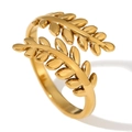 Anillo ajustable de acero inoxidable bañado en oro de 18K con diseño de hojas de olivo - Anillo Abierto de Rama / Dorado