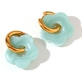 Boucles d'oreilles créoles rétro en acier doré 18K avec fleurs en résine bleu menthe - Bleu Vert Menthe