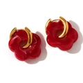 Créoles vintage en acier doré 18K avec breloques fleurs en résine rouge marbrée - Rouge