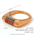 Breiter 18K vergoldeter Edelstahlring mit mehrfarbigen Zirkoniasteinen besetzt - US 6 / Mikro-Eingelegter Strass Flacher Quadratischer Ring / Gold Bunt