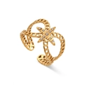 Adjustable golden stainless steel ring with braided chain design and rhinestone hex star - Adjustable Open / Vintage Hollow Rhinestone Four-pointed Star Open Ring