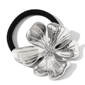 Silver flower hair tie with textured petals and crystal center on black elastic band - Silver