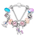 Silver charm bracelet with unicorn, rocking horse, and pink heart mom pendant - 16cm / MOM Theme Style (Z-004)