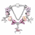 Pulsera de dijes DIY con cuentas de cristal rosa, flores esmaltadas y colgantes de caballo - Estilo Esmalte Rosa (Z-005)