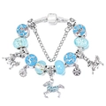 Pulsera de cadena de serpiente plateada con cuentas de vidrio azul y dijes de caballo - Estilo Azul Cielo (Z-008)