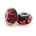 DIY black glass charm beads with pink floral patterns and silver metal core for bracelets - Black And Pink Floral Pattern (020)