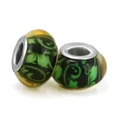 Amber glass large hole beads with green floral patterns for DIY bracelets - Amber And Green Floral Pattern (002)