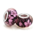 Pink floral enamel glass beads with silver cores for DIY charm bracelets - Black And Pink Floral Pattern (004)