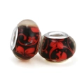 DIY glass charm beads with red floral patterns and silver core for charm bracelets - Black And Red Floral Pattern (005)