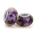 DIY purple glass charm beads with black butterfly pattern and silver metal inner core - Purple And Black Butterfly Pattern (010)