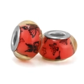 Red Murano style glass bead with black butterfly print and silver large hole metal core - Red And Black Butterfly Pattern (006)