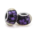 Set of 2 purple glass charms with floral vine patterns and silver metal inner cores - Purple And Black Floral Pattern (021)