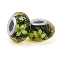 Faceted glass charm with green floral pattern and silver core for DIY bracelets - Black Green Faceted Floral Pattern (022)