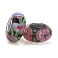 Handmade purple glass charm bead with pink flowers and silver core for DIY jewelry - Dark Purple Base Pink Five-Petal Flower (001)